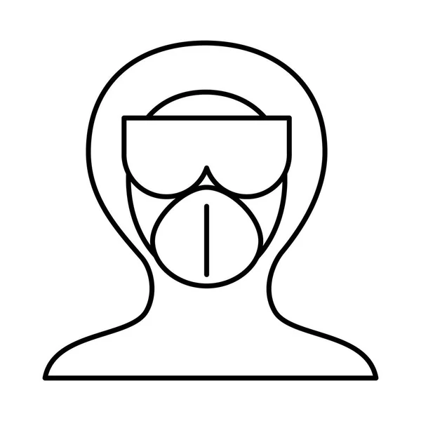 Covid 19 coronavirus preventie medisch personeel met beschermende pak masker en bril lijn stijl pictogram — Stockvector