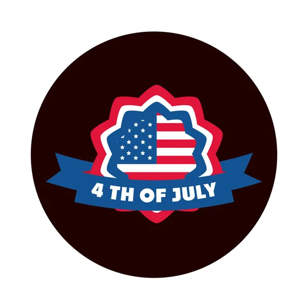Dzień Niepodległości 4 lipca, amerykańska flaga odznaka wstążka ozdoba blok i płaski styl ikona — Wektor stockowy