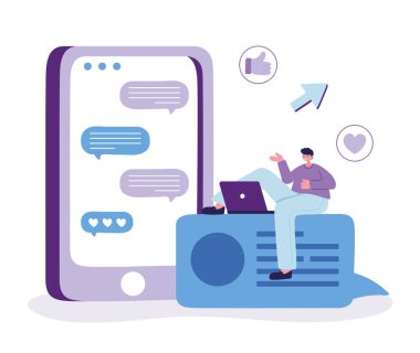 Dizüstü bilgisayarlı bir adam vektör dizaynı yapıyor.