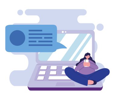 Akıllı telefon ve dizüstü bilgisayarlı sohbet vektör tasarımlı bir kadın.