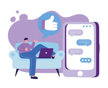 Dizüstü bilgisayarlı ve akıllı telefon sohbet vektör tasarımlı bir adam.