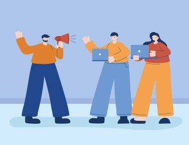 Dizüstü bilgisayarı ve megafon vektör tasarımlı kadın ve erkekler