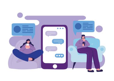 Akıllı telefon sohbet vektör tasarımlı puf ve sandalyeli kadınlar