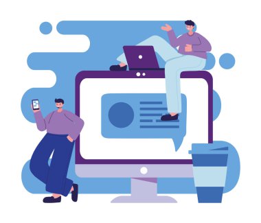 Bilgisayarlı kadın ve erkek ve akıllı telefon sohbet vektör tasarımı