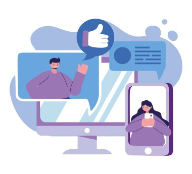 Bilgisayarlı kadın ve erkek ve akıllı telefon sohbet vektör tasarımı