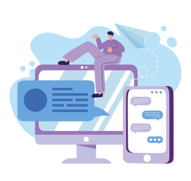 Akıllı telefon ve bilgisayar sohbet vektör tasarımı olan adam