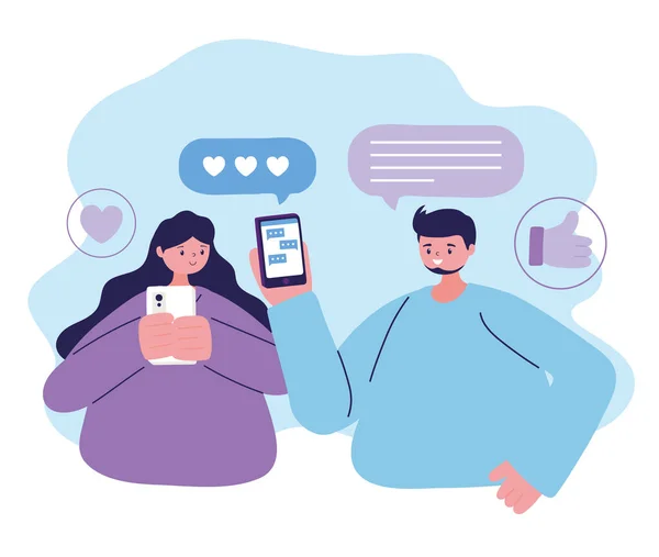 Donna e uomo con smartphone chatta vettoriale design — Vettoriale Stock