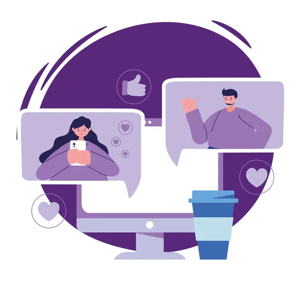 Woman and man with computer and smartphone chatting vector design — Stock Vector