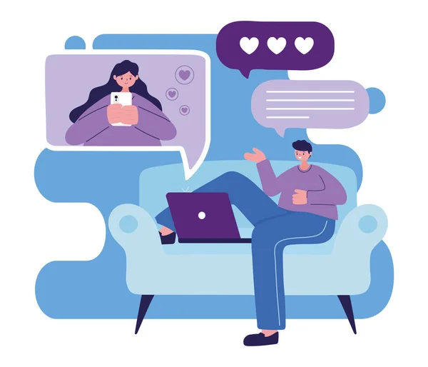 Man on couch with laptop chatting vector design — Stock Vector