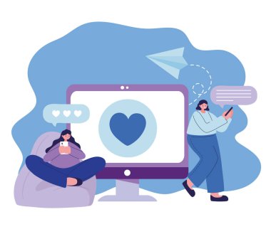 Akıllı telefon ve bilgisayar sohbet vektör tasarımlı kadınlar