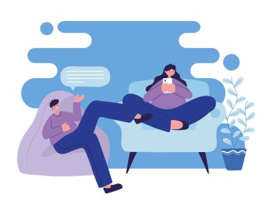 Kadın ve erkek puf ve sandalyede akıllı telefon sohbet vektör tasarımı ile