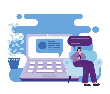 Akıllı telefon ve dizüstü bilgisayarlı sohbet vektörü tasarımlı bir kadın.