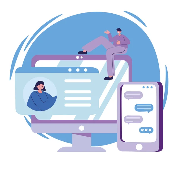 Woman and man with computer and smartphone chatting vector design — Stock Vector