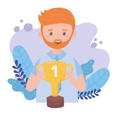 Babalar günü vektör tasarımında kupa taşıyan baba.