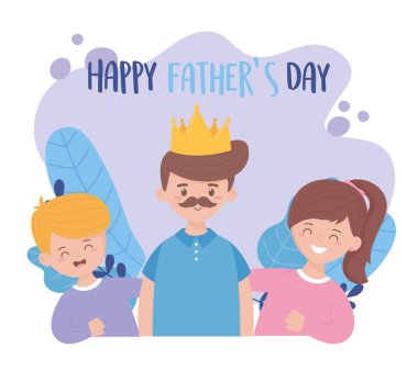 Baba oğul ve kız babalar günü vektör tasarımında yaprakları var.