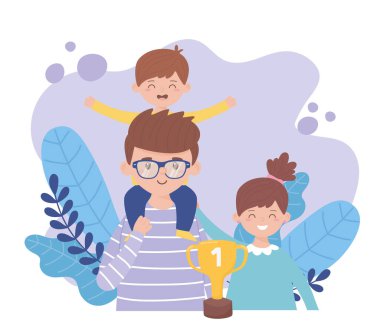 Baba oğul ve kız babalar günü vektör tasarımında yaprakları var.