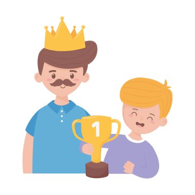 Babası oğlu ve kupasıyla babalar günü vektör tasarımında.