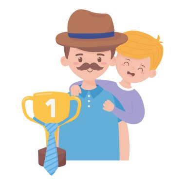 Babası oğlu ve kupasıyla babalar günü vektör tasarımında.