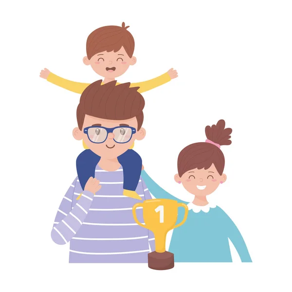 Father son and daughter with trophy on fathers day vector design — Stock Vector