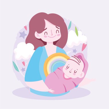 Anne ve bebek ve bulut vektör tasarımı