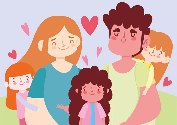 Madre padre e hijas con corazones diseño vectorial — Archivo Imágenes Vectoriales