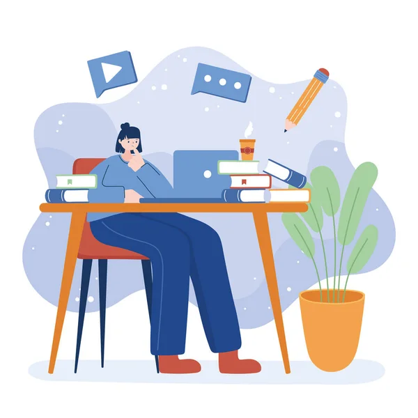 Woman with laptop and books on desk vector design — Stock Vector