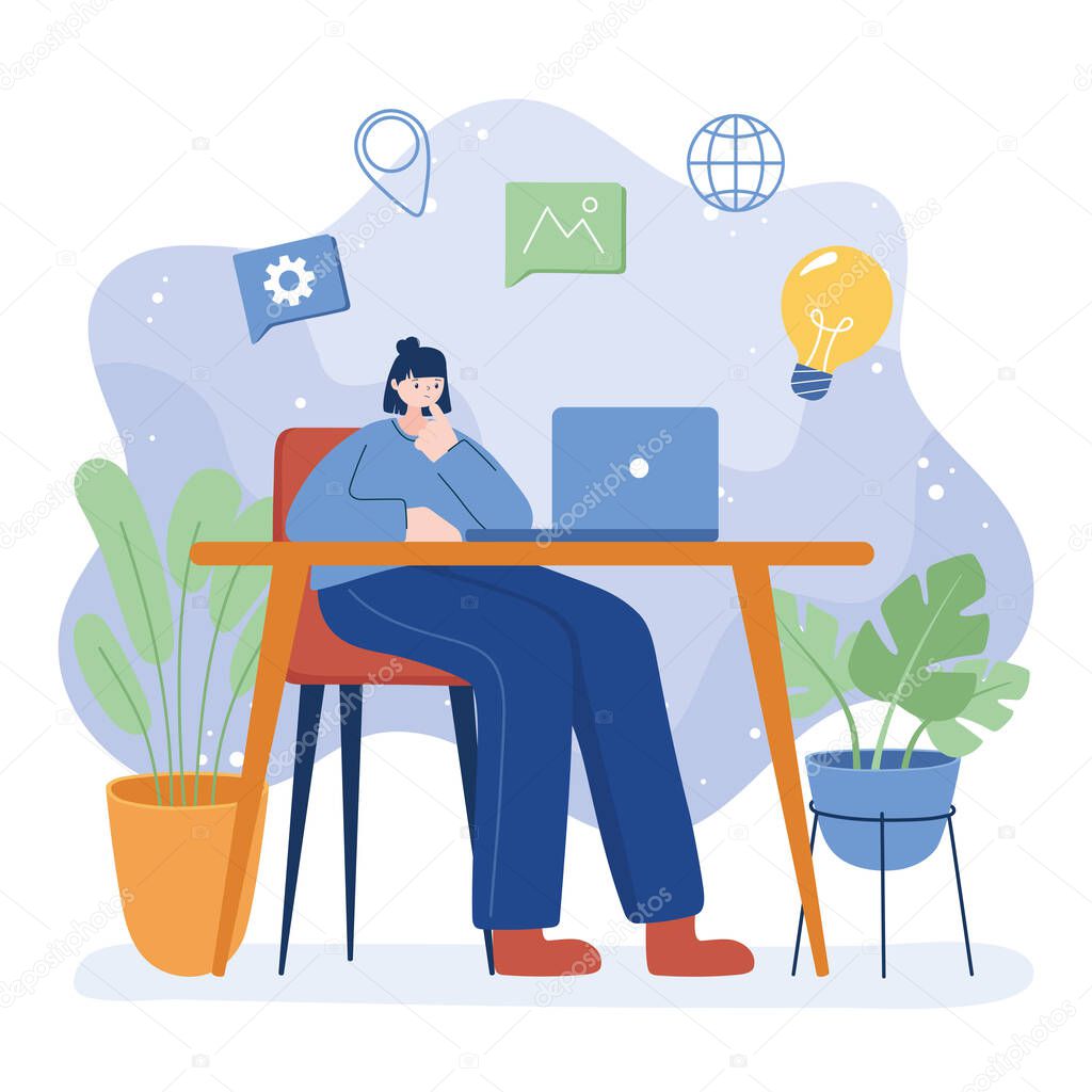 Woman with laptop on desk vector design