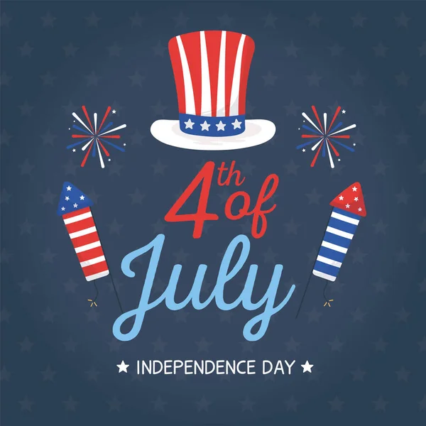 Independence day hat and fireworks vector design — Stockový vektor