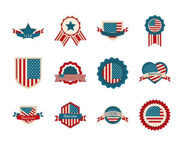 Happy independence day, american flag national freedom patriotism icons set flat style — Stock Vector