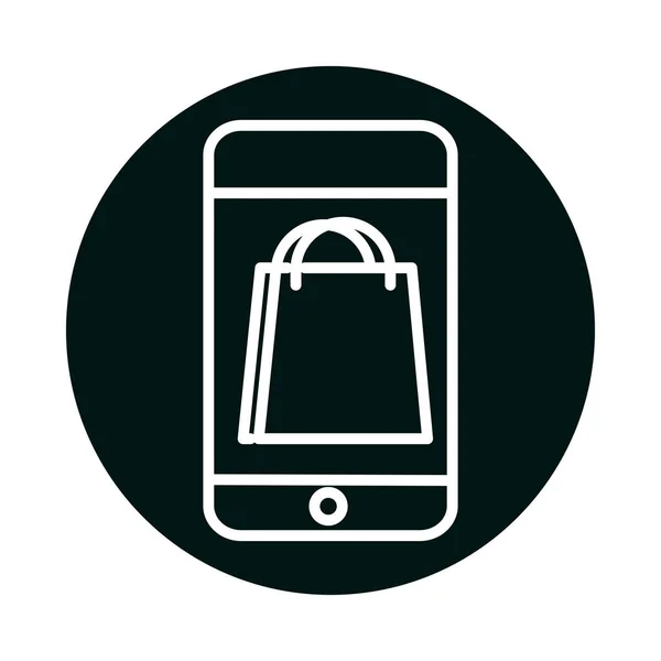 Bolsa de compras dentro del bloque de teléfonos inteligentes y diseño de vectores icono de estilo de línea — Vector de stock
