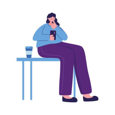 Kadın akıllı telefon sohbet vektör tasarımı ile masada oturuyor