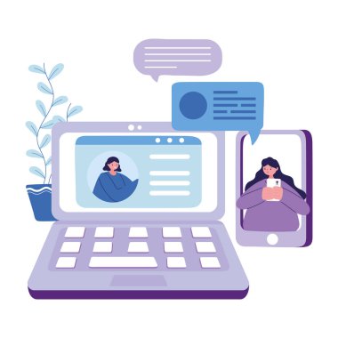 Akıllı telefon ve dizüstü bilgisayarlı sohbet vektör tasarımlı bir kadın.