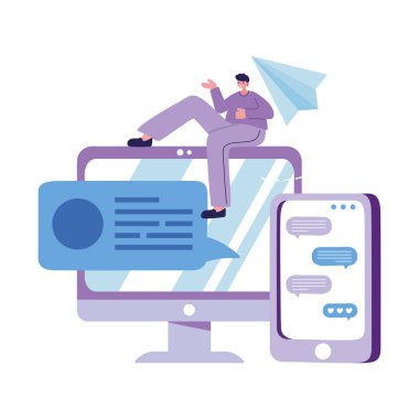 Akıllı telefon ve bilgisayar sohbet vektör tasarımı olan adam