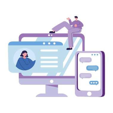 Akıllı telefon ve bilgisayar sohbet vektör tasarımı olan adam