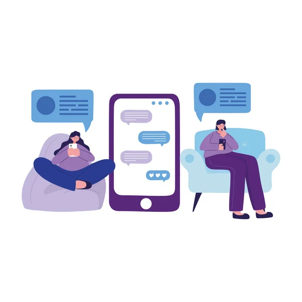 Seated women on puf and chair with smartphone chatting vector design — Stock Vector