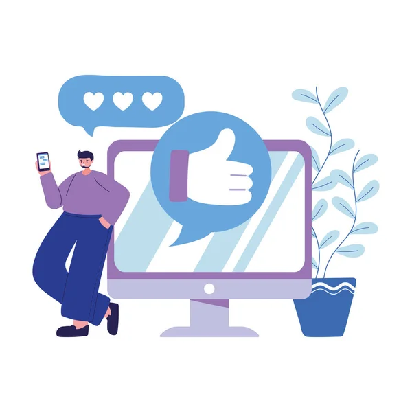 Man with smartphone and computer chatting vector design — Stock Vector