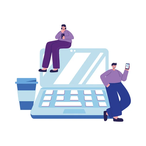 Woman and man with smartphone and laptop chatting vector design — Stock Vector