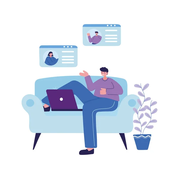 Man sit on couch with laptop chatting vector design — Stock Vector