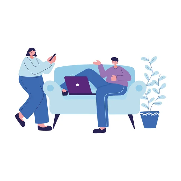 Woman and man on couch with smartphone and laptop chatting vector design — Stock Vector