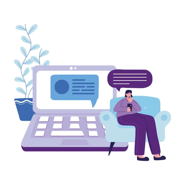 Woman with smartphone and laptop chatting vector design — Stock Vector