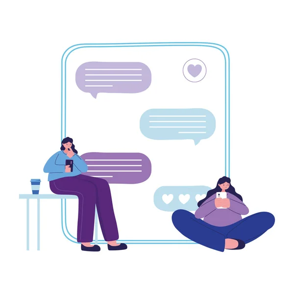 Seated women with smartphone chatting vector design — Stock Vector