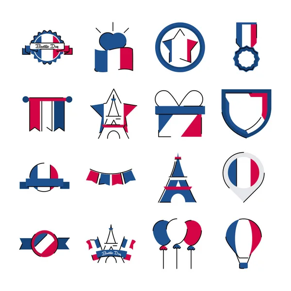 France and bastille day line and fill style icon set vector design — Stock Vector