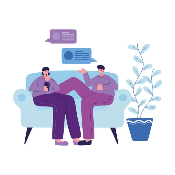 Woman and man on couch with smartphone chatting vector design — Stock Vector