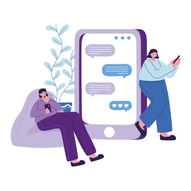 Akıllı telefon sohbet vektör tasarımlı oturan kadınlar