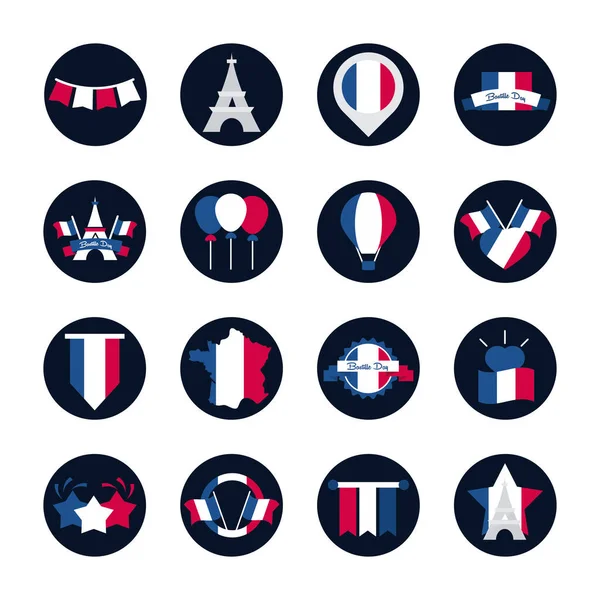 Francia y bloque de día de la bastilla y el icono de estilo plano conjunto de diseño de vectores — Archivo Imágenes Vectoriales