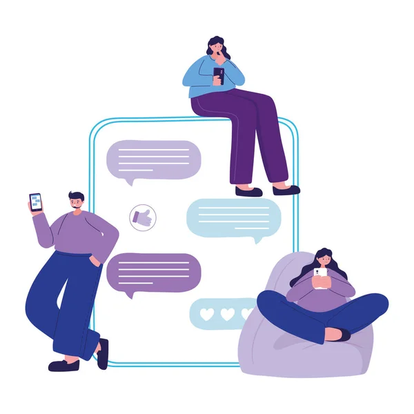 Women and man on puf with smartphone chatting vector design — Stock Vector