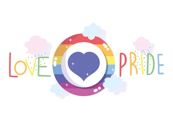 Felice orgoglio giorno, cuore frase d'amore arcobaleno comunità LGBT — Vettoriale Stock