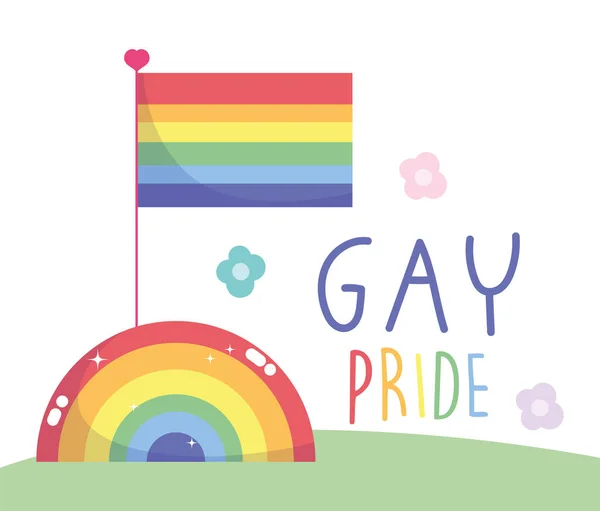 Felice orgoglio giorno, bandiera arcobaleno fiori celebrazione comunità LGBT — Vettoriale Stock