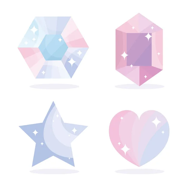 Gems diamond star heart jewelry luxury icons set cartoon — Stock Vector