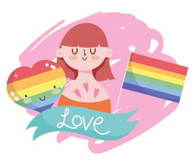 Lgtbi bayrak kalbi ve kurdele vektör tasarımlı kız çizgi filmi